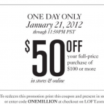 HOT:  $50 off a $100 purchase at Ann Taylor LOFT (today only!)