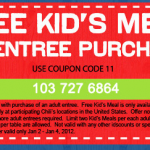 FREEBIE ALERT:  Kids eat FREE at Chili’s through 1/4!