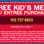 Chili’s:  Kids Eat Free (2/21 and 2/22)