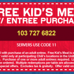 Chili’s:  Kids eat free 3/26-3/28!